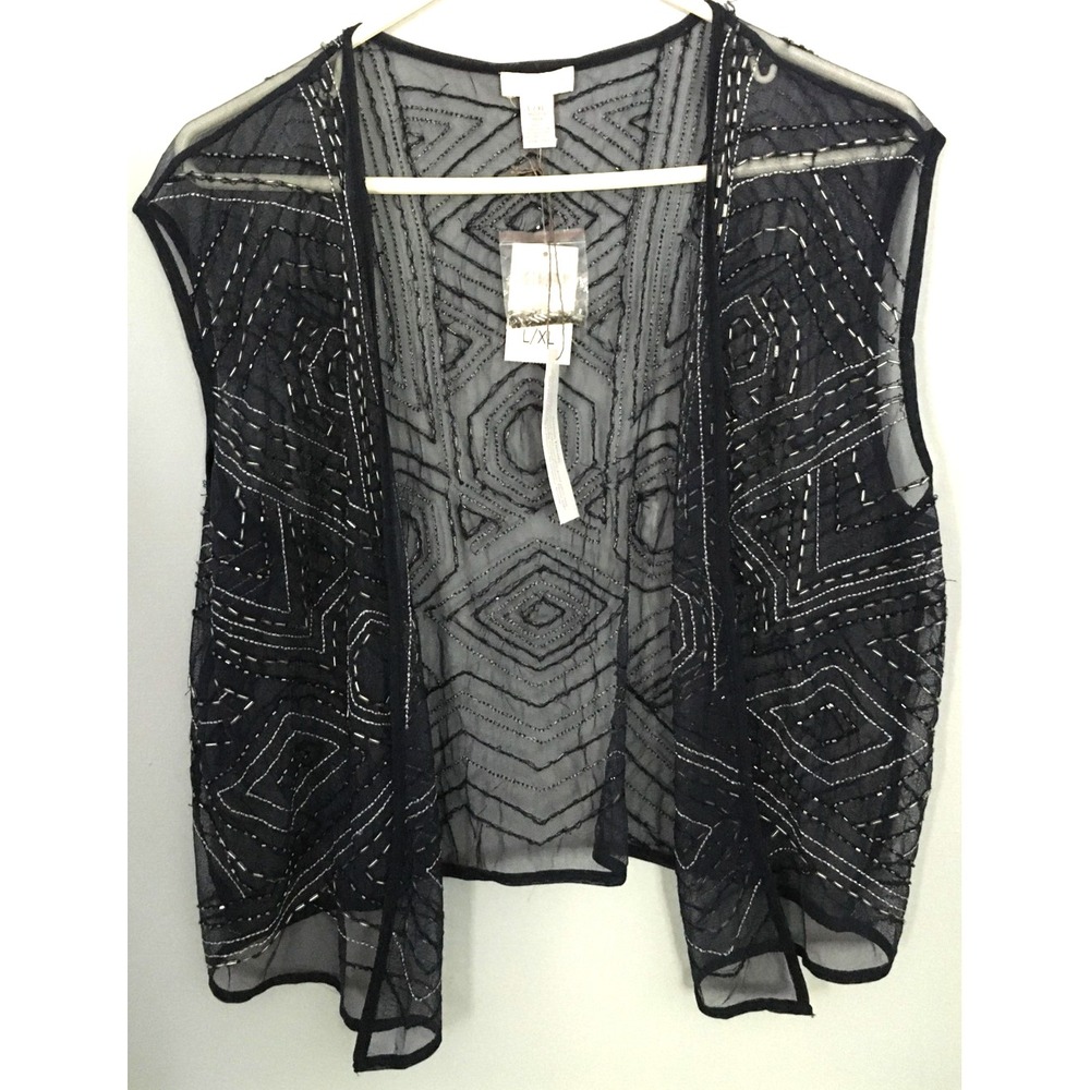 Chico's Vest Womens L/XL Sheer Mesh Beaded Open Front Artisan Details Nylon